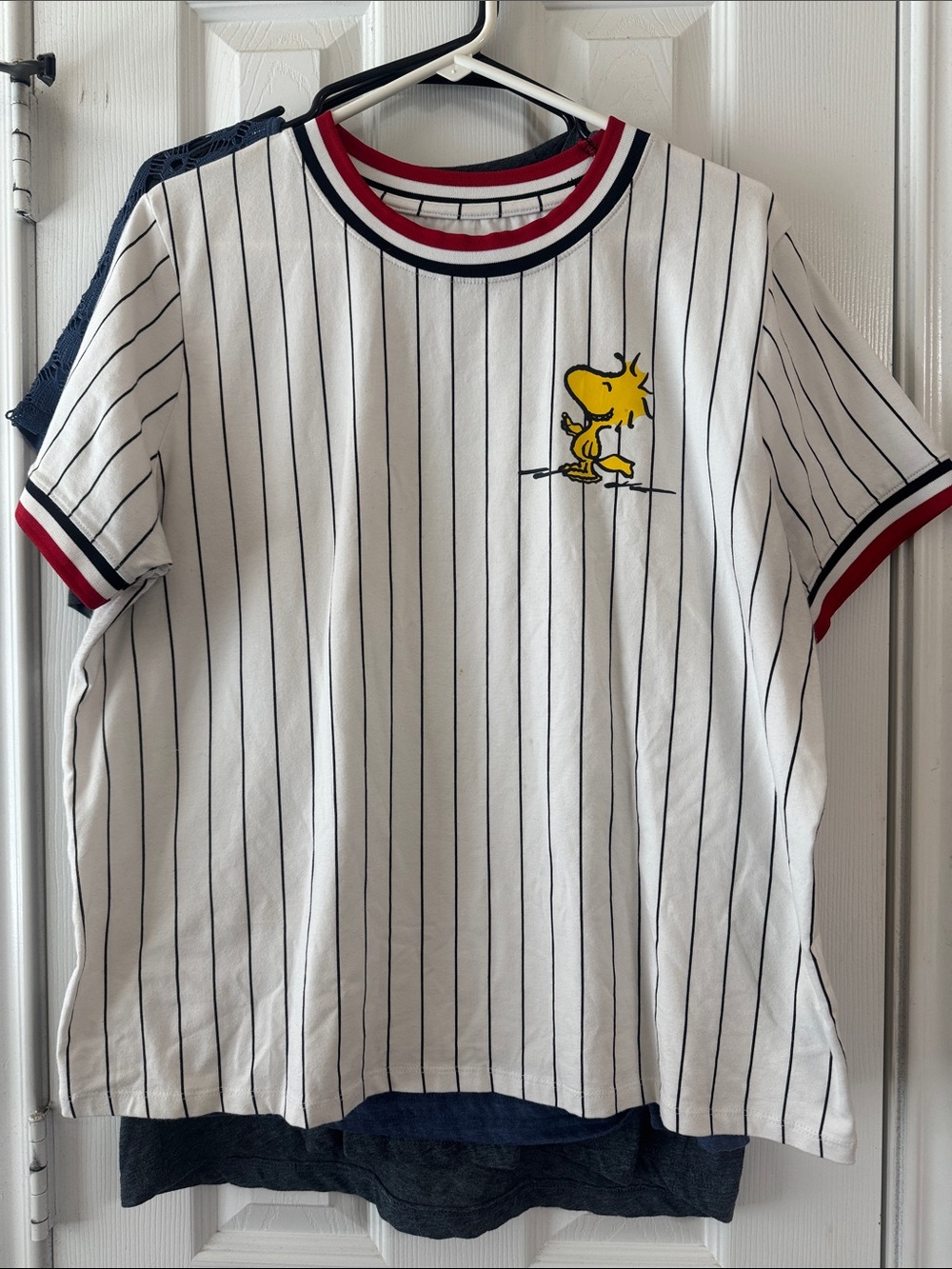 Peanuts White Pinstriped Tee with Yellow Woodstock Graphic and Red-Navy Trim